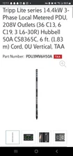 Trip-Lite 50amp Pdu Pdu3mv6h50a New, L6-30  6ft Power Cord, (36)C13 + (6)c19