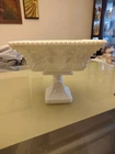 Vintage White Milk Glass Beaded Grape Square Footed Compote Fruit Bowl