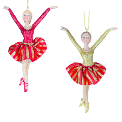Kurt Adler Red Gold Ballerina Ballet Ornament Set 2 Dancers Blonde Brunette 5''