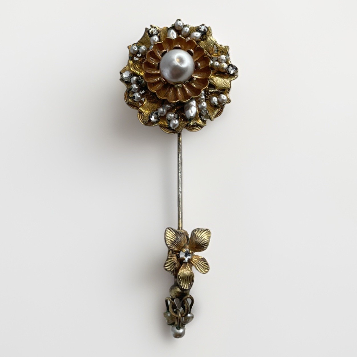 Miriam Haskell Rhinestone & Faux Pearl Stick Pin … - image 1