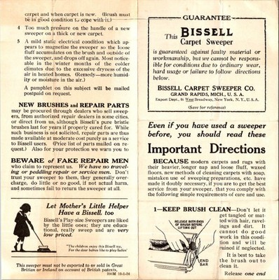 1926 Bissell Carpet Sweeper Brochure Owners Manual Cyco Ball Bearings