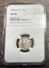 1942/1 D Mercury Dime AU 50 NGC Silver 10c. Rare Error In Almost Uncirculated 🔥