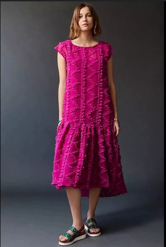Anthropologie Maeve XS NWT Blythe Textured Midi Dress Tulle Tier Rose Pink 3D