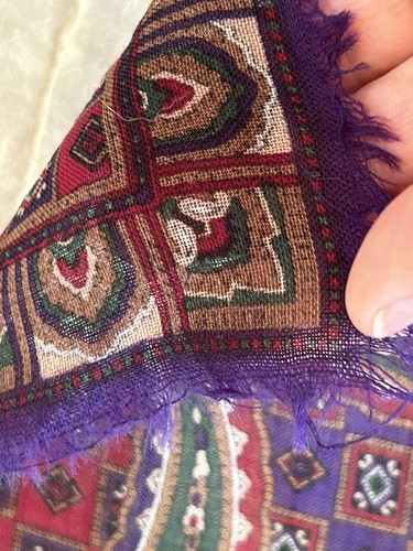 1950s Wool Scarf Made In Japan Paisley Purples and Red Hand Screen Print 30” Sq - Picture 3 of 6