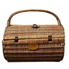 Vintage Picnic Time Barrel Lexus Wicker Picnic Basket Date Night Set