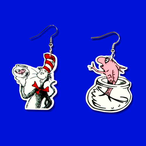 Dr. Seuss Cat in the Hat with sensible goldfish dangle earrings - 第 1/3 張圖片
