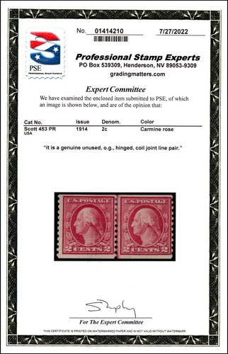 Scott 453 2 Cents Washington OG MH Joint Line Pair PSE Cert SCV $750.00 - Picture 3 of 3