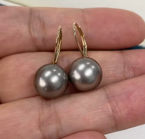 Leverback 11.3mm Round Tahitian Saltwater Pearl Earrings 14K Solid Yellow Gold - Video 1 of 1