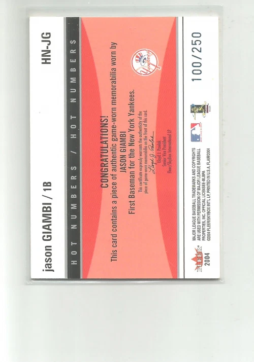 2004 FLAIR HOT NUMBERS GAME USED BLUE #JG JASON GIAMBI  JERSEY 100/250 - Image 2 of 2