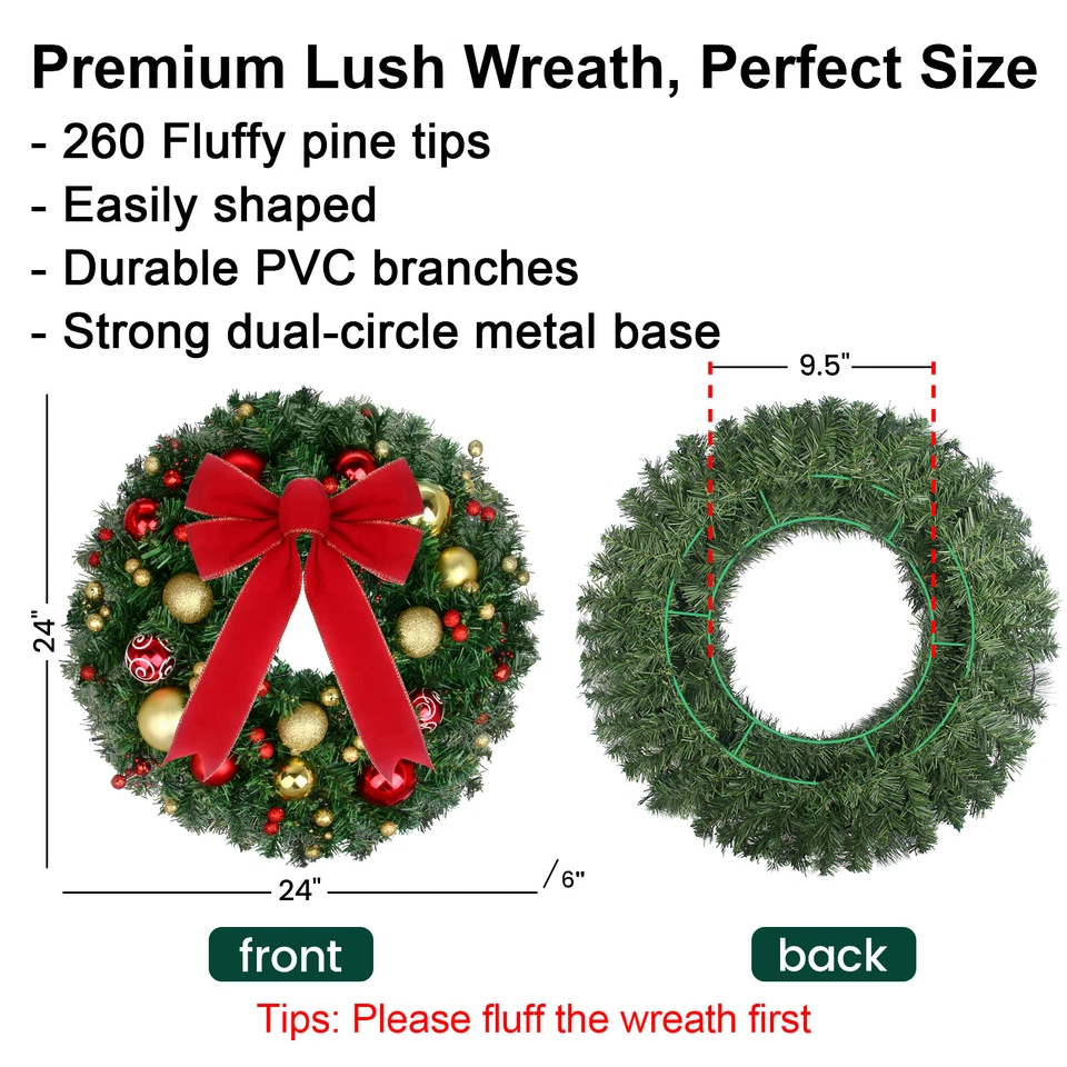 24-дюймовый водонепроницаемый предварительно освещенный рождественский венок дверной венок с подсветкой, пультом дистанционного управления и таймером  - Изображение 4 из 4