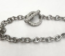 Silver Toned Chain Necklace With Sparkly Ring And Bar Clasp A3
