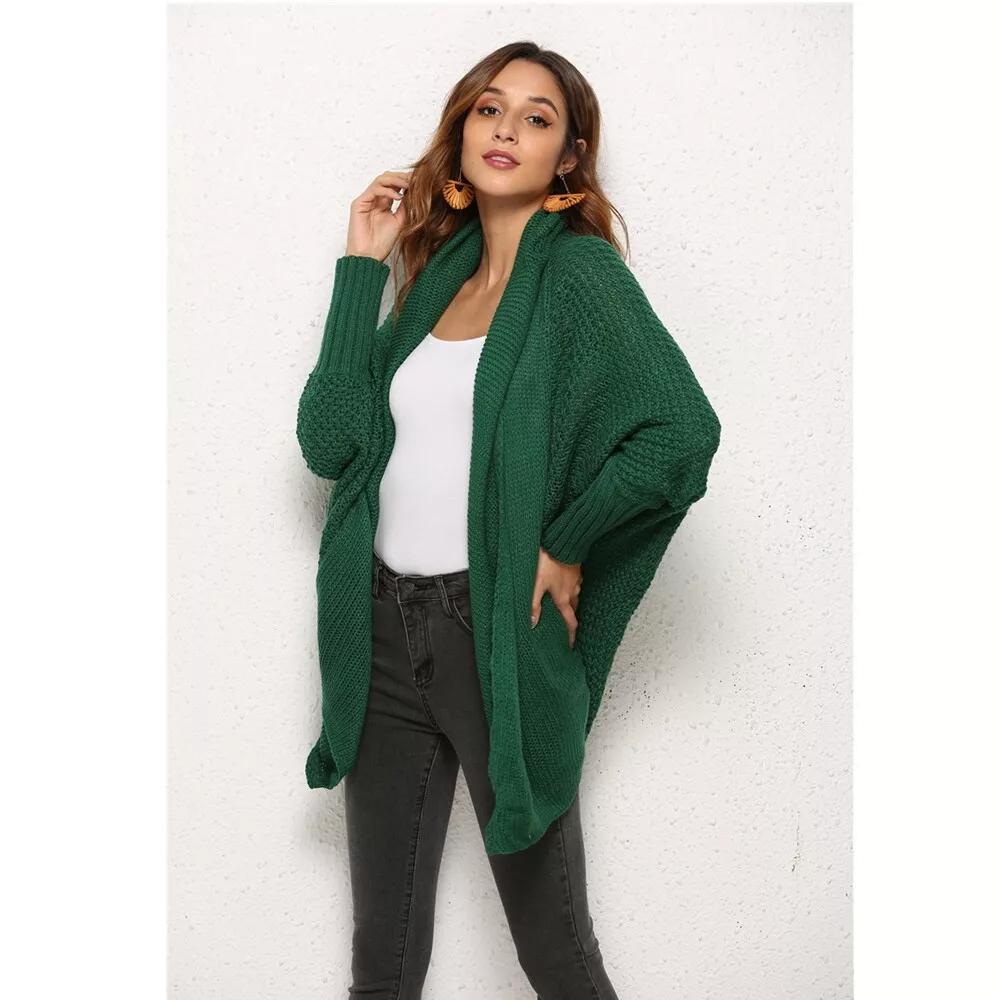 Womens Knitted Cardigan Sweater Coat Bat Sleeve Jacket Outwear Casual Tops Green