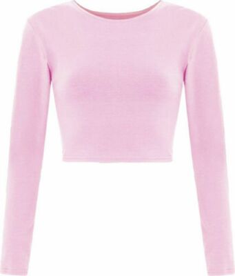 Damen Crop Basic Langarm T-Shirt Damen kurz uni Rundhals Sommer Oberteil