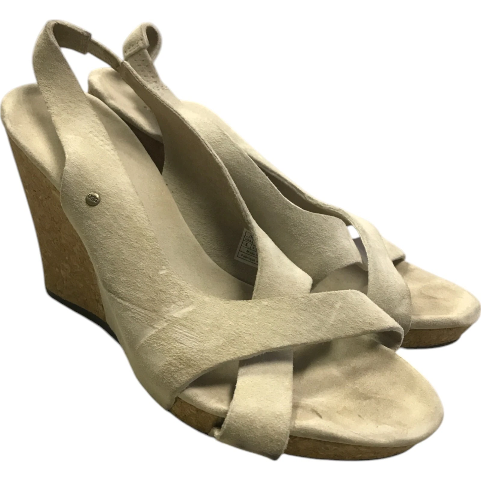 UGG slingback sughero zeppa sandalo tacco donna taglia 5 beige nocciola pelle scamosciata