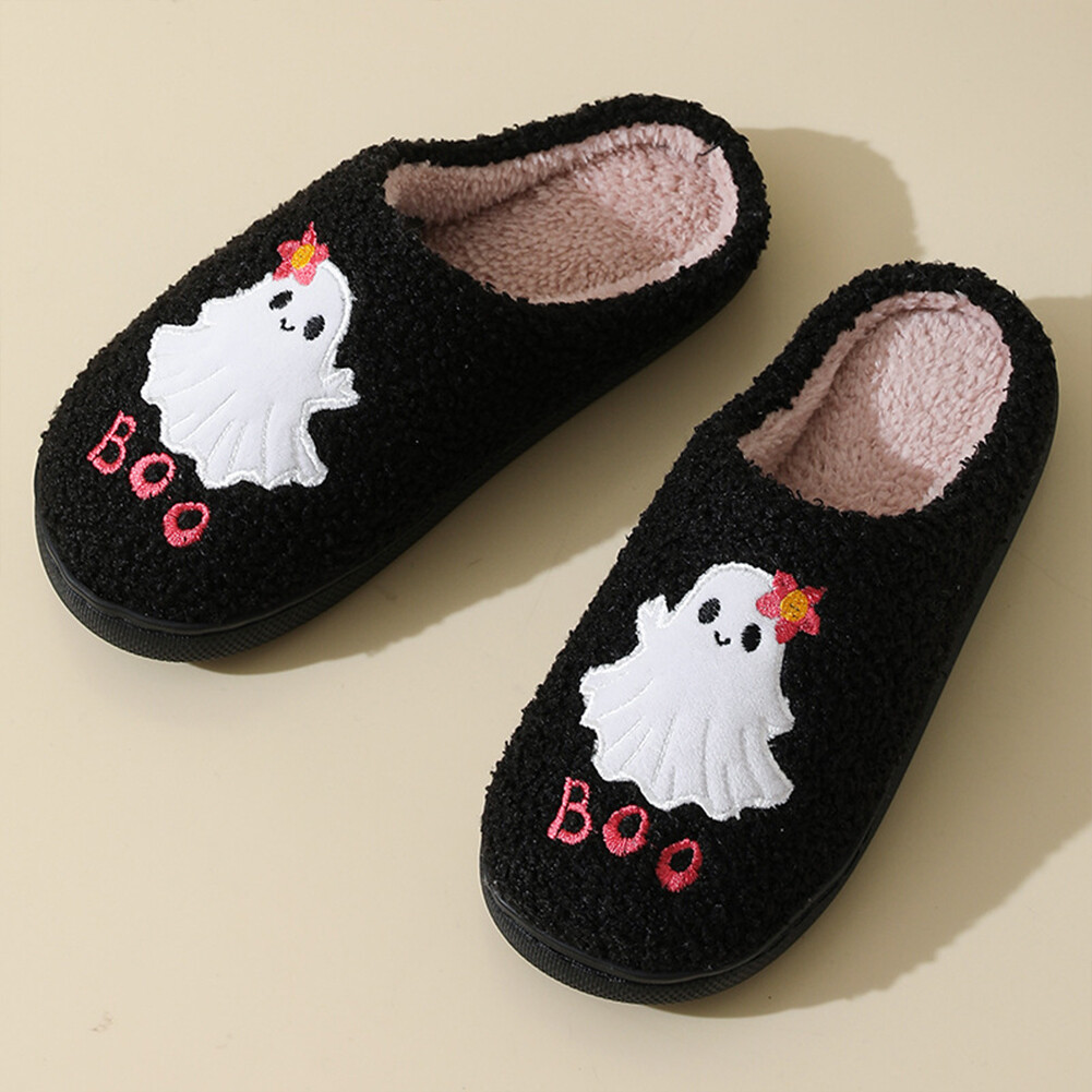 APL Halloween Ghost Plush Slippers Flat Thermal Slippers Anti Slip for Men Women