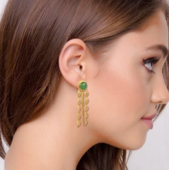 Pendientes Largos Textura Multi Hojas Chapados en Oro Prehnita Declaración Mujeres Joyería Foto 4 de 4