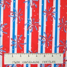 Patriotic Fabric - Fireworks on Red White  Blue Stripe - Cotton 1.75 YARD