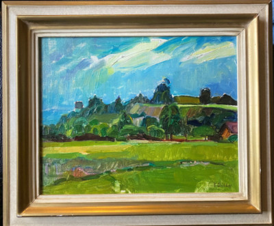 :: OIL PAINTING SIGNED E. BÜHLER LANSCHAFT WITH JUICY GREEN MEADOW HOUSES