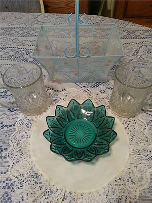 2 VTG Glass Cups & Aqua Candy Dish & Doily with Lace & Cute Wire Basket