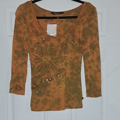 Chic Orange Floral Embroidered Long Sleeve Top