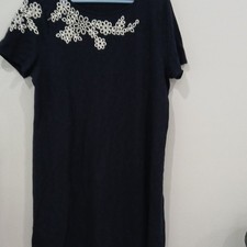 Talbots XL Navy Knit Cotton Shift Dress Long Sleeve White Embroidered Neck