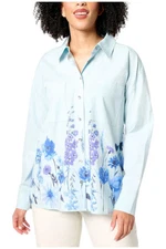 Attitudes by Renee Women's Button Front Shirt w Border Print Chambray