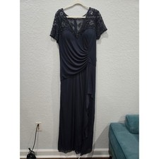 Xscape Evening Gown Beaded Lace Overlay Ruched Waist Navy Blue Size 18