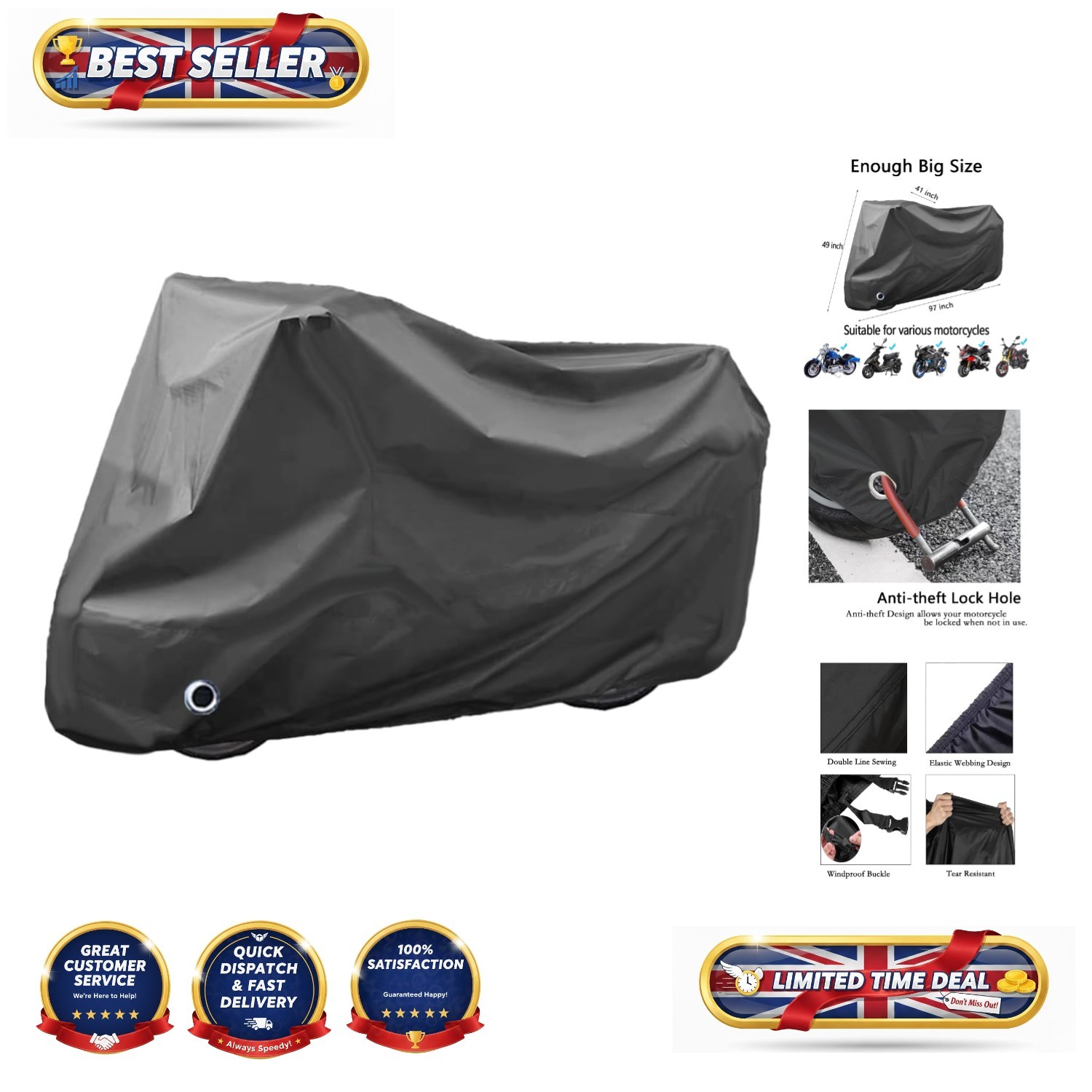 Universal Waterproof Outdoor Motorcycle Cover with Snug Fit Design - 2XL Black