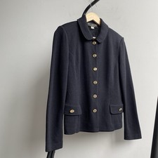 St. John Collection Marie Gray Black Knit Blazer Jacket Gold Logo Buttons US4