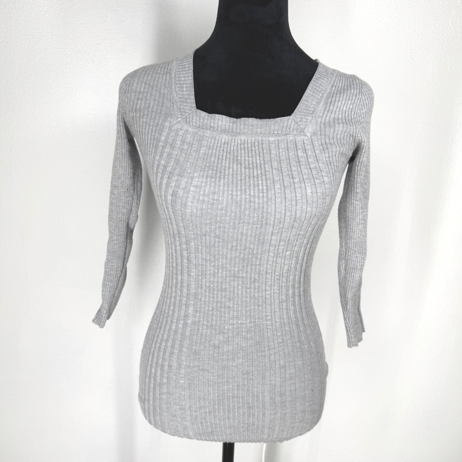Vintage Y2K Ribbed Square Neck Fitted Knit Top Sweater Long Line Gray XS Bella