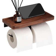 TOKCKYBL Double Toilet Paper Holder with Walnut Wood Shelf - Wall Mount
