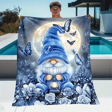 1pc Blue Gnome & Butterfly Throw Blanket - Lightweight Flannel, Soft & Warm