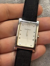 Ladies Nine West Classic Elegant Tank Silver Tone Black Leather Strap Watch