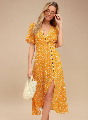 Lulus goldenes Blumenkleid After-Bloom Delight Print Midi XS neu mit Etikett UVP 79 $ gelb