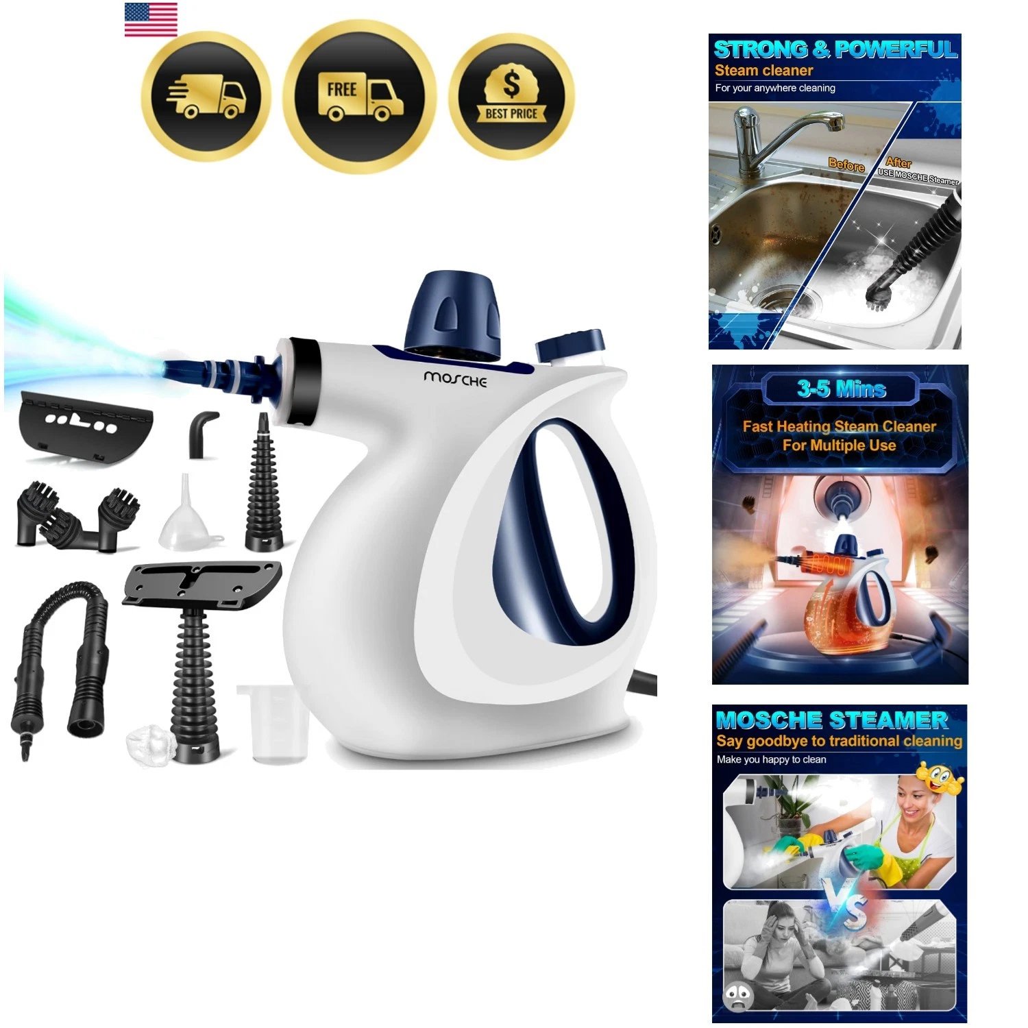 Handheld Pressurized Steam Cleaner with 11-Piece Accessory Set, Multi-Surface...
