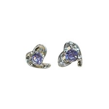 Outlined Silver Heart Ear Studs with Artificial Gemstone Center Purple/Clear