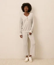 Pact Thermal Waffle Lounge Set Henley Wide Leg Pant Medium Winter White Heather