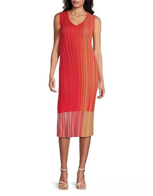 Ming Wang Size S Pleated Crepe De Chine Color Block Sleeveless Midi Shift Dress