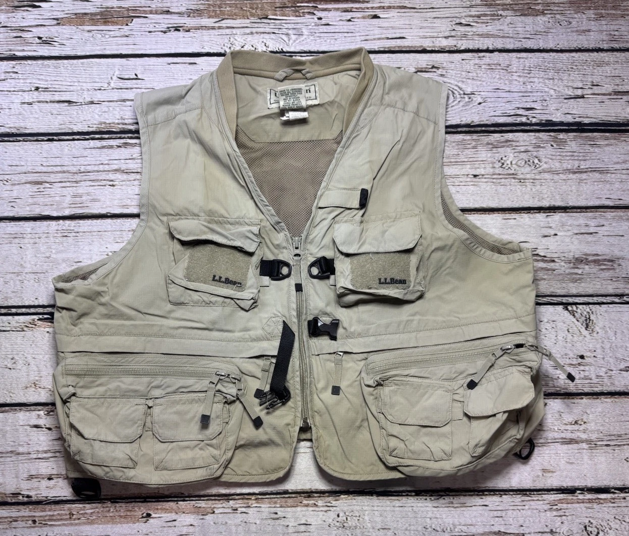 L.L. Bean Fishing Cargo Vented Vest Tan Khaki Men's Size XL Pockets Full Zip