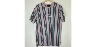 HUF Worldwide Mens L Striped T-Shirt Crew Neck Embroidered Skate Tee Pink Green