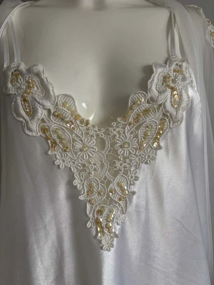 Conjunto de camisón y bata Peignoir transparente vintage Cinema Etoile blanco con cuentas M Foto 4 de 4
