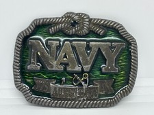 Vintage 1980s Koleaco Brass US Navy Naval Sailor Belt Buckle Green Silver Tone