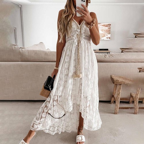 Damen Boho Spitze lang Maxikleid Damen V-Ausschnitt Sommer Urlaub Riemen Sommerkleid - Bild 9 von 14
