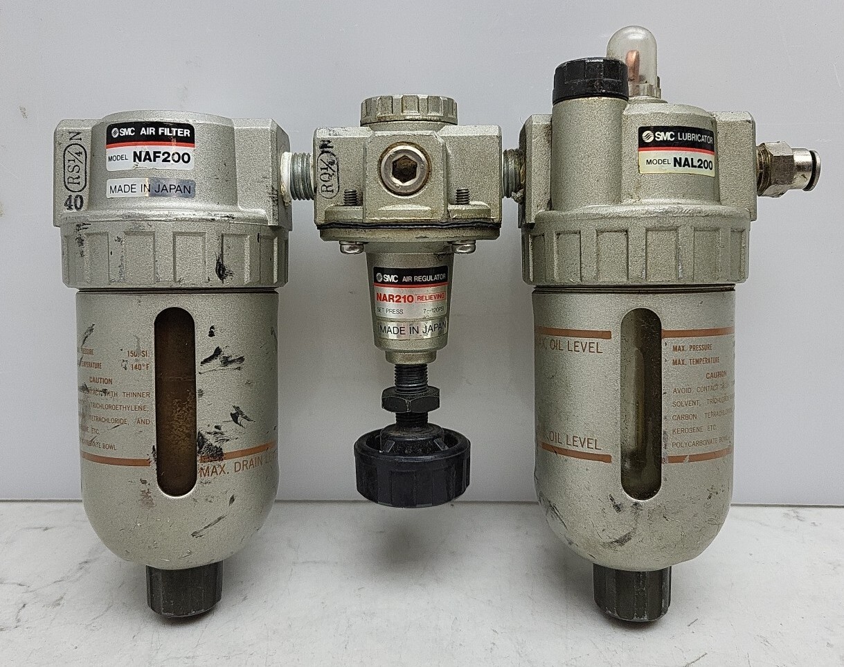 Smc NAL200 Air Lubricator 1/4 Npt w/ NAF200 Air Filter NAR210 Regulator *USED