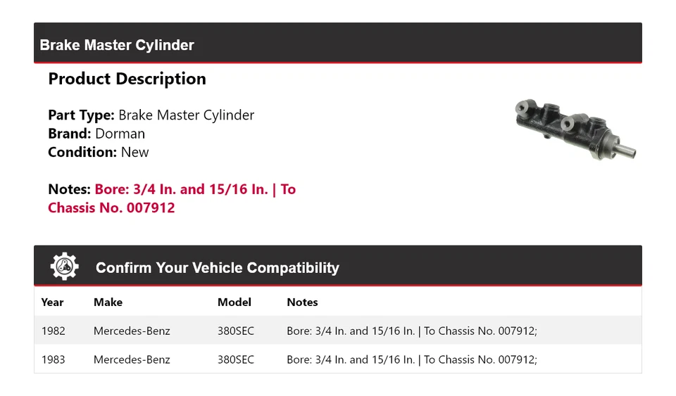 Cilindro maestro de freno Dorman para Mercedes-Benz 380SEC 1982-1983 Foto 2 de 4