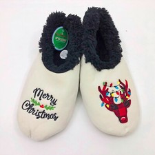 Snoozies Men's Slippers Merry Christmas Plaid Reindeer Large 11/12 Off White