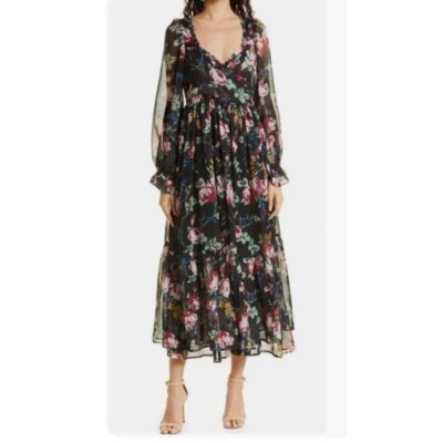 Bytimo Floral Wrap Bodice Long Sleeve Chiffon Dress in Rose Field at Nordstrom, Size Medium