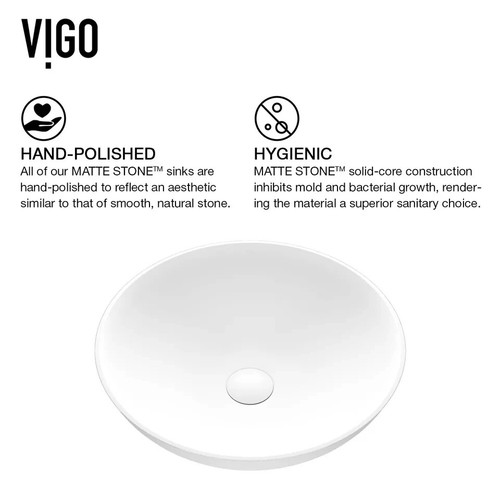 Vigo Lotus Modern White Matte Stone 16" x 16" x 5" Round Vessel Bathroom Sink - Picture 7 of 8