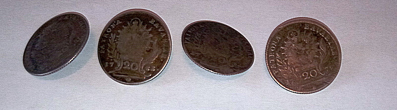 4 x Trachtenknöpfe, Münzknöpfe 20 Kreuzer "Patrona Bavariae" 1779-1781