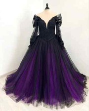 Gothic Black and Purple Tulle Wedding Dresses Corset Lace Appliques Bridal Gowns